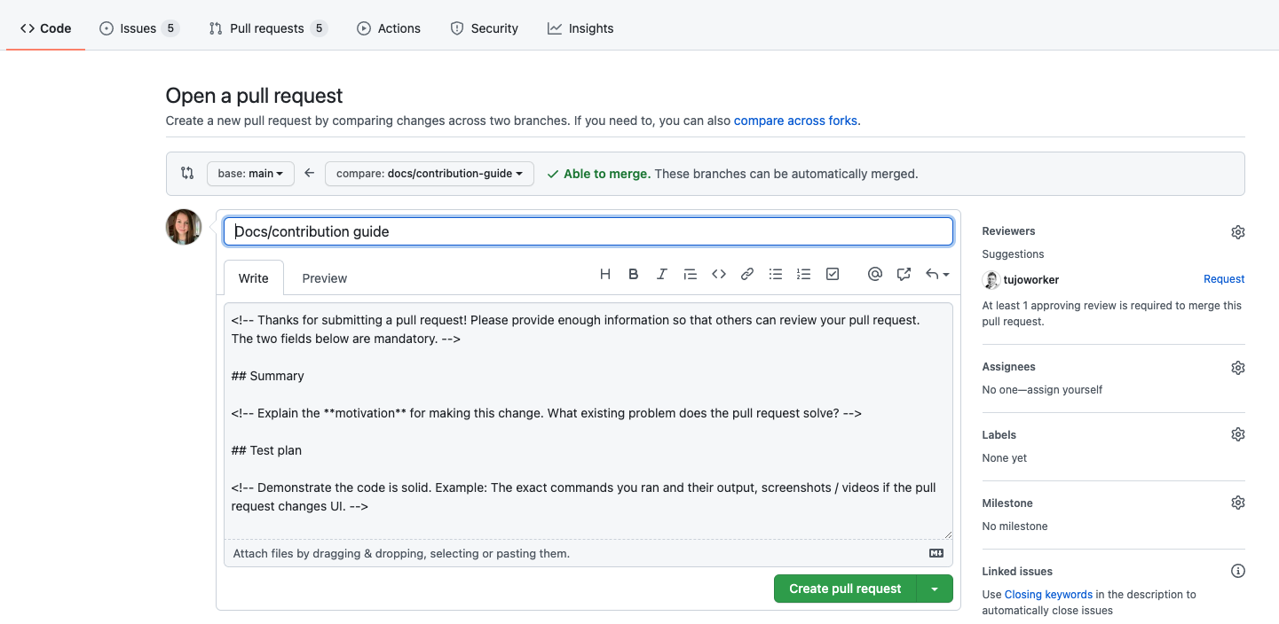 Screenshot of opening a new pull request on Github